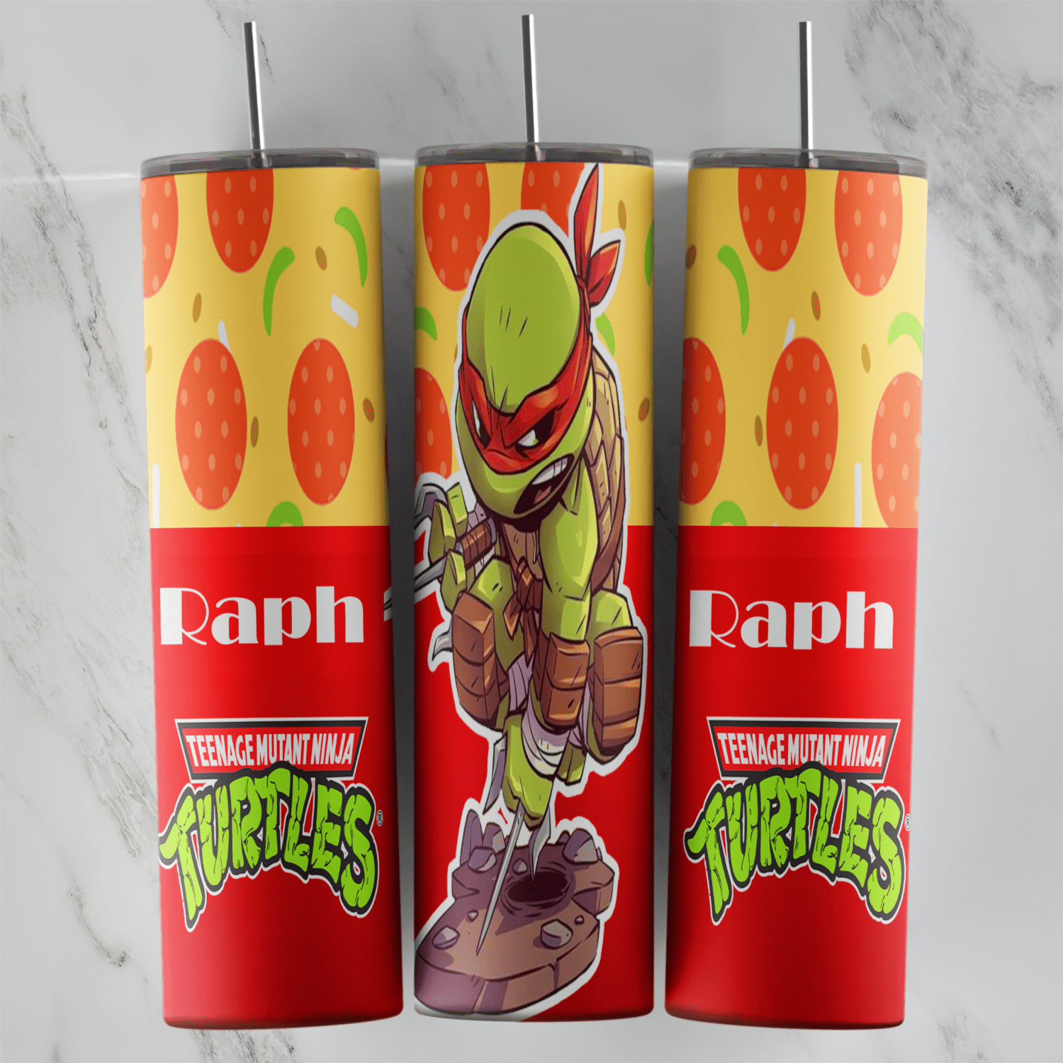 A 20 oz skinny tumbler wrap with a chibi Raphael, Raph lettering and the Teenage Mutant Ninja Turtles logo on red below. Sublimation design