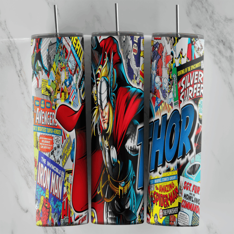 A full 20 oz skinny tumbler wrap with Thor in comic style over a collage of Marvel comic covers, including Avengers, Iron Man. Sublimation design