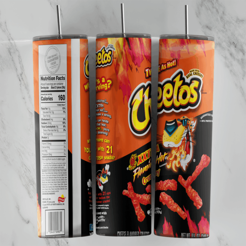 A 20 oz skinny tumbler wrap styled as a black and red bag of Cheetos Xxtra Flamin’ Hot, with Chester Cheetah in flames, red hot. Sublimation design