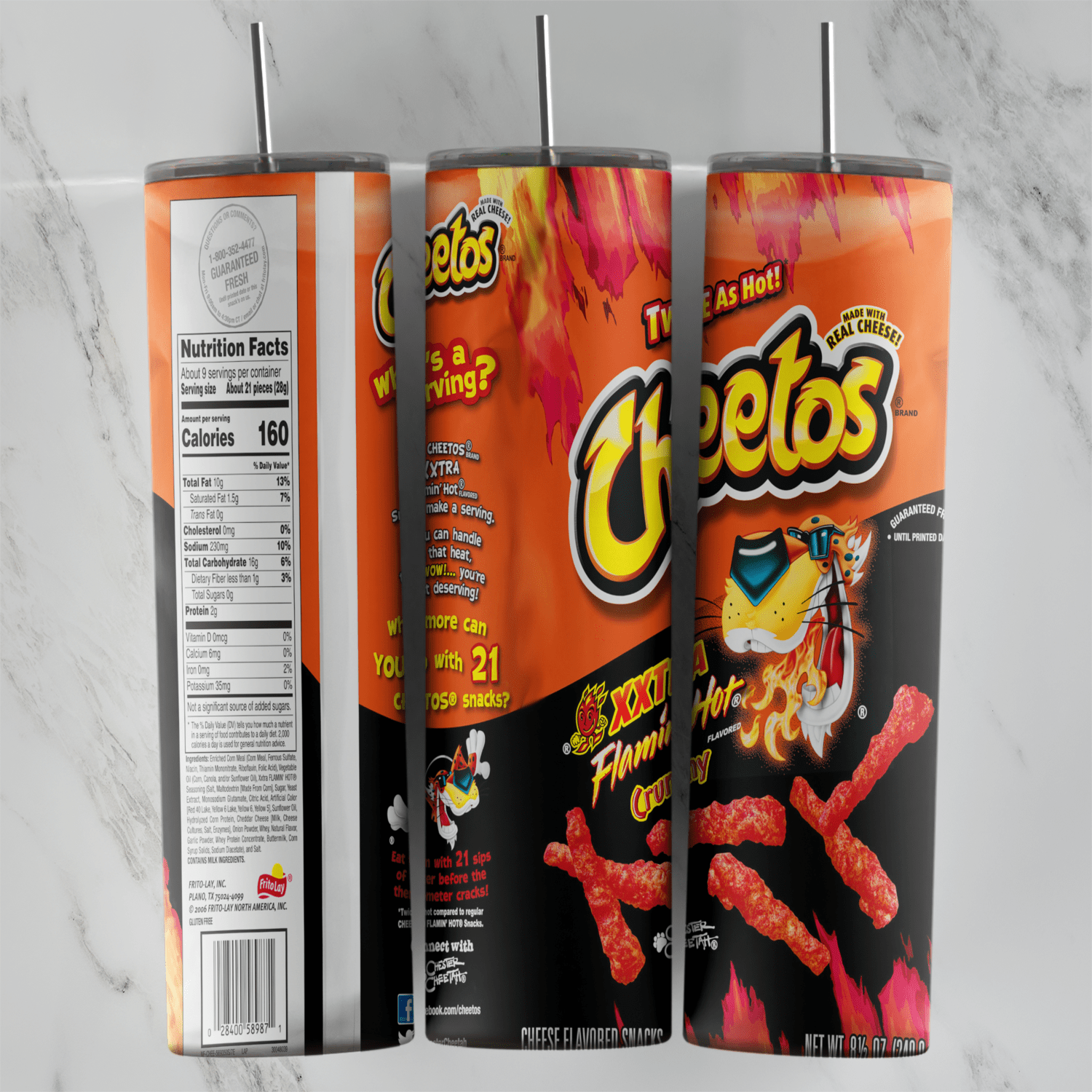A 20 oz skinny tumbler wrap styled as a black and red bag of Cheetos Xxtra Flamin’ Hot, with Chester Cheetah in flames, red hot. Sublimation design
