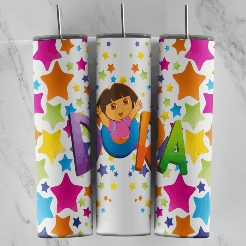 A white 20 oz tumbler wrap with big colorful DORA letters, Dora waving in the middle and multicolor stars in rainbow shades all. Sublimation design