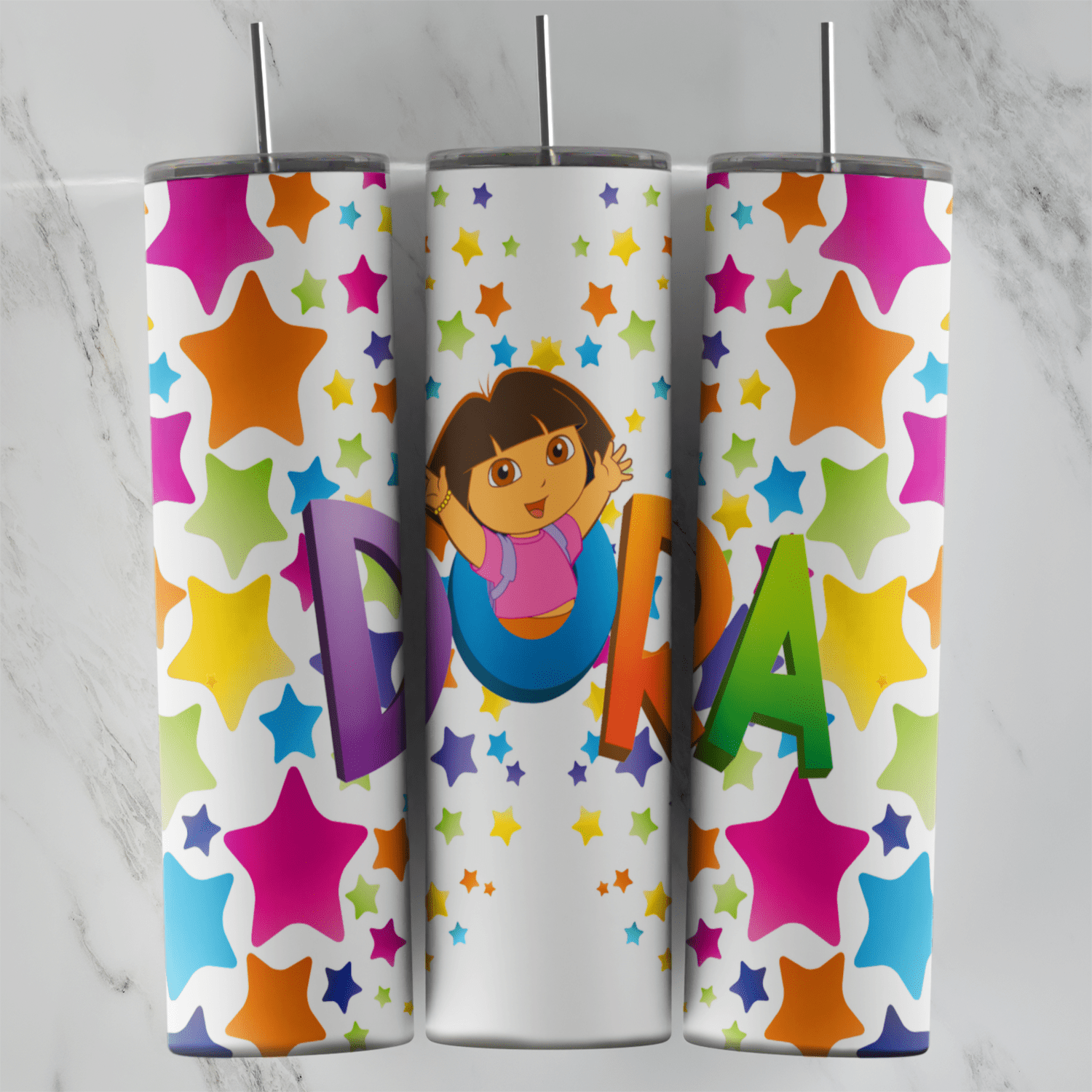 A white 20 oz tumbler wrap with big colorful DORA letters, Dora waving in the middle and multicolor stars in rainbow shades all. Sublimation design
