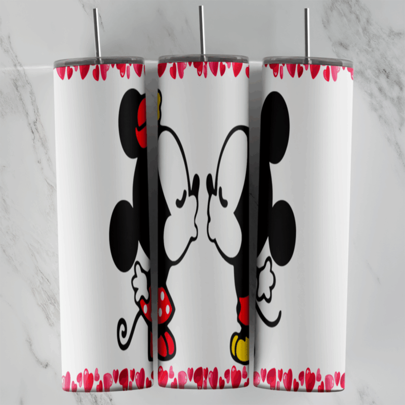 A 20 oz skinny tumbler wrap with black Mickey and Minnie Mouse silhouettes kissing on a white background, framed by rows of small. Sublimation design