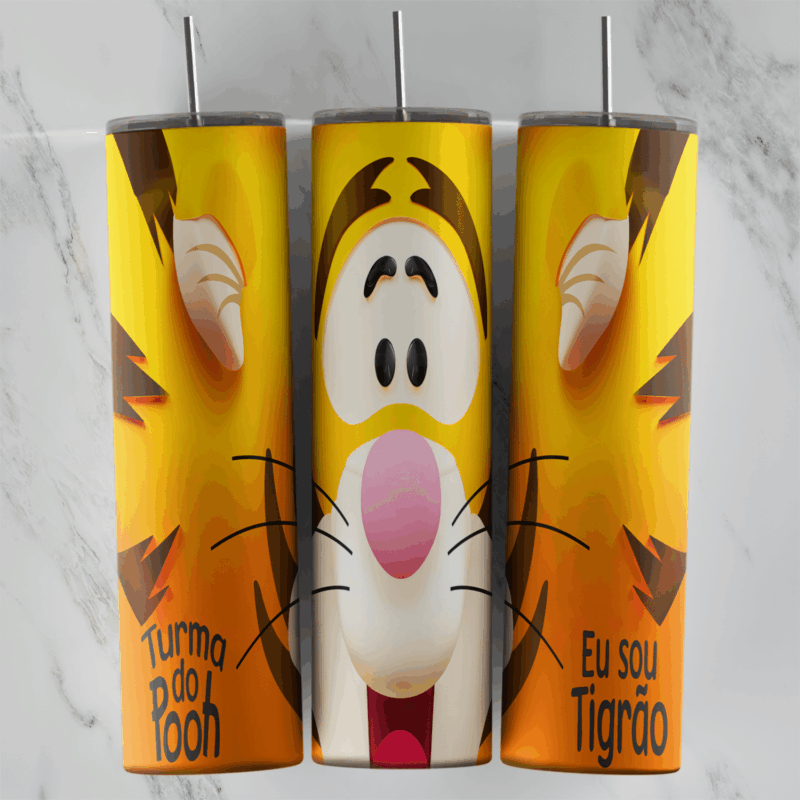 A full 20 oz skinny tumbler wrap with a big smiling Tigger face and ears filling the cup, with Portuguese Turma do Pooh and Eu. Sublimation design