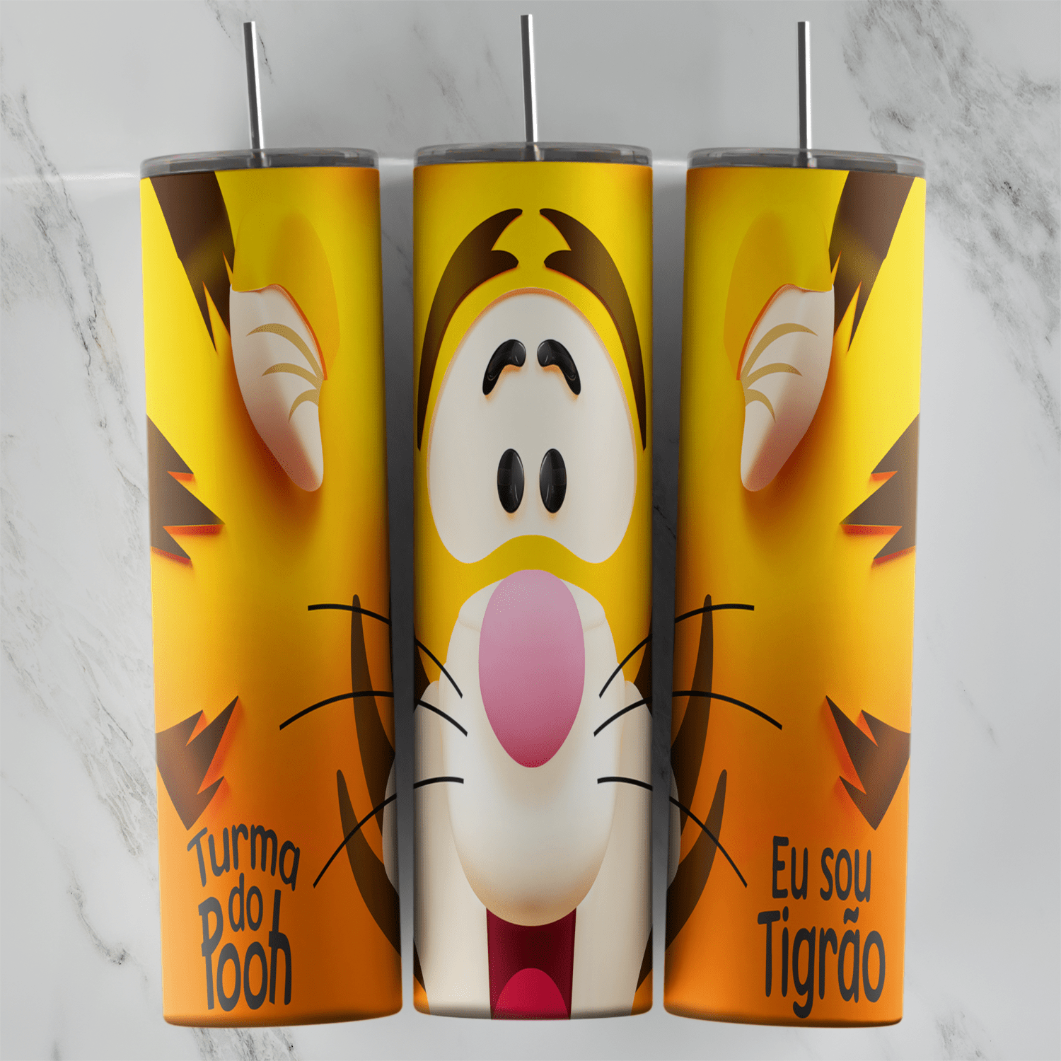 A full 20 oz skinny tumbler wrap with a big smiling Tigger face and ears filling the cup, with Portuguese Turma do Pooh and Eu. Sublimation design