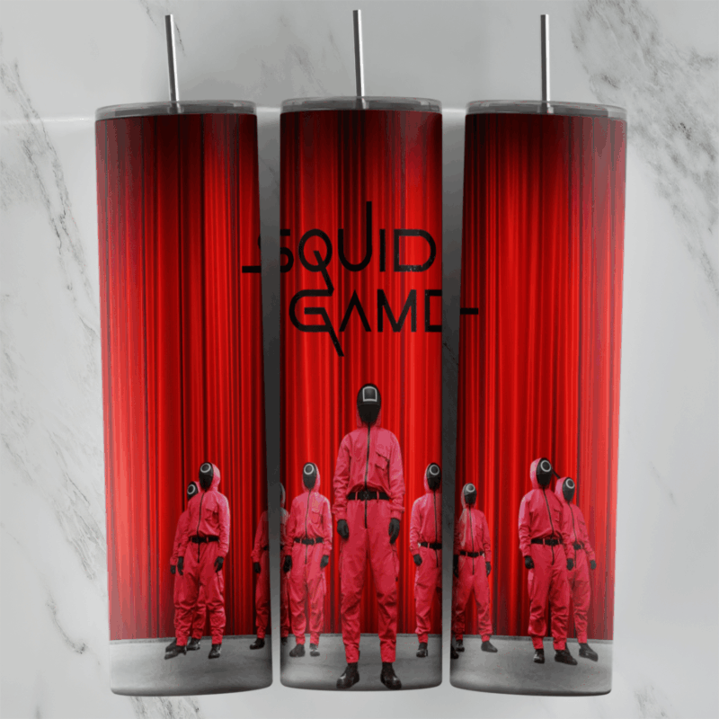 A Squid Game tumbler wrap with a red stage curtain, the Squid Game logo and the masked guards standing in a line with the front. Sublimation design