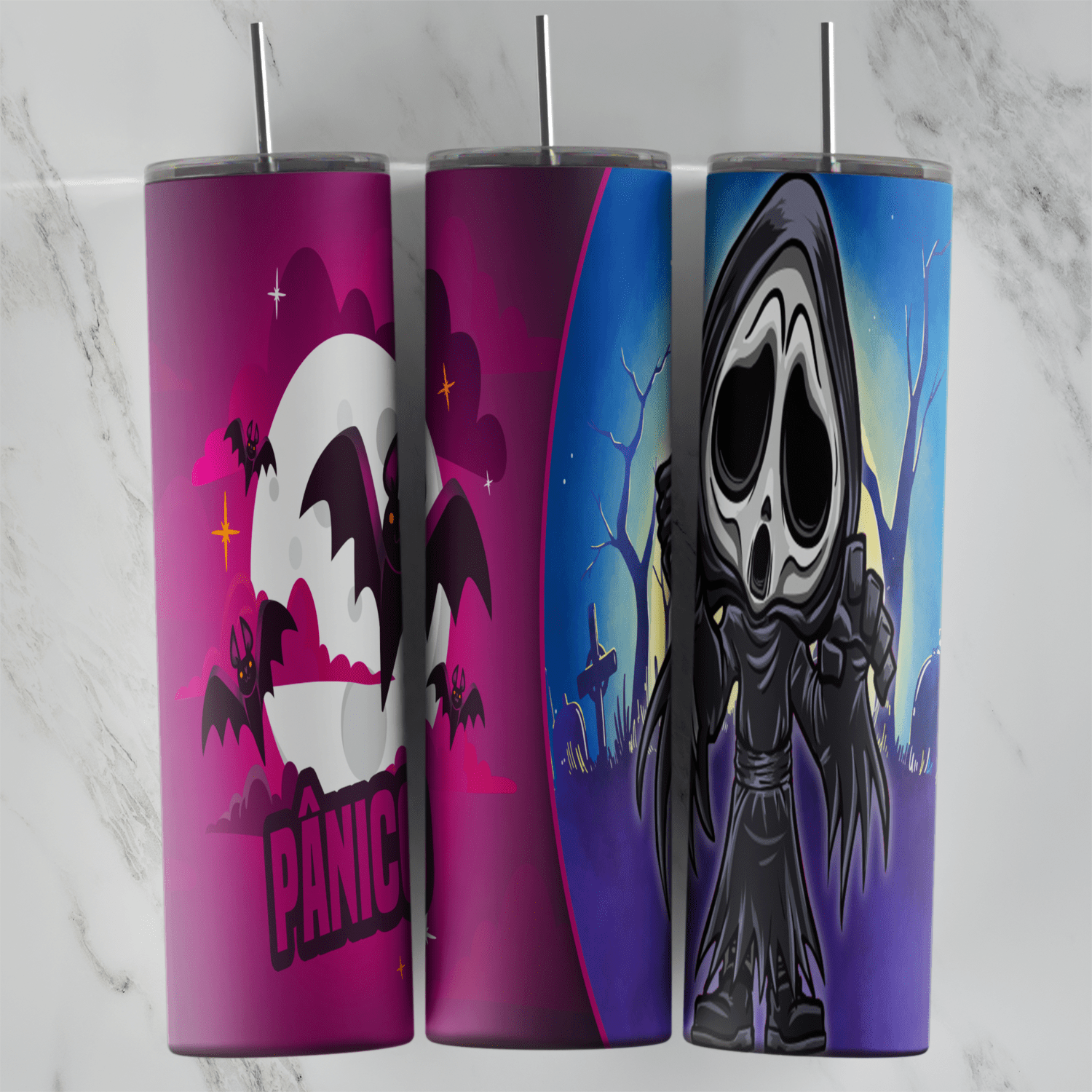A 20 oz skinny tumbler wrap with a chibi Ghostface from Scream on a blue panel, with Pânico lettering, a full moon and bats. Sublimation design