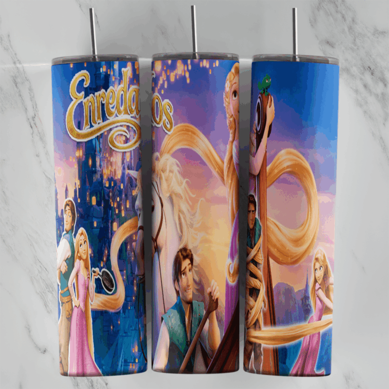 A full 20 oz skinny tumbler wrap with the Enredados title, Rapunzel in her pink dress, Flynn Rider and swirls of long golden hair. Sublimation design