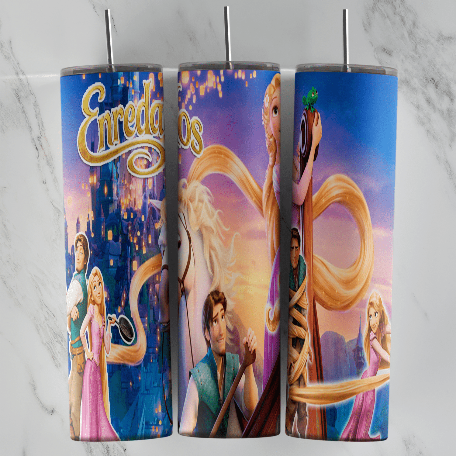 A full 20 oz skinny tumbler wrap with the Enredados title, Rapunzel in her pink dress, Flynn Rider and swirls of long golden hair. Sublimation design