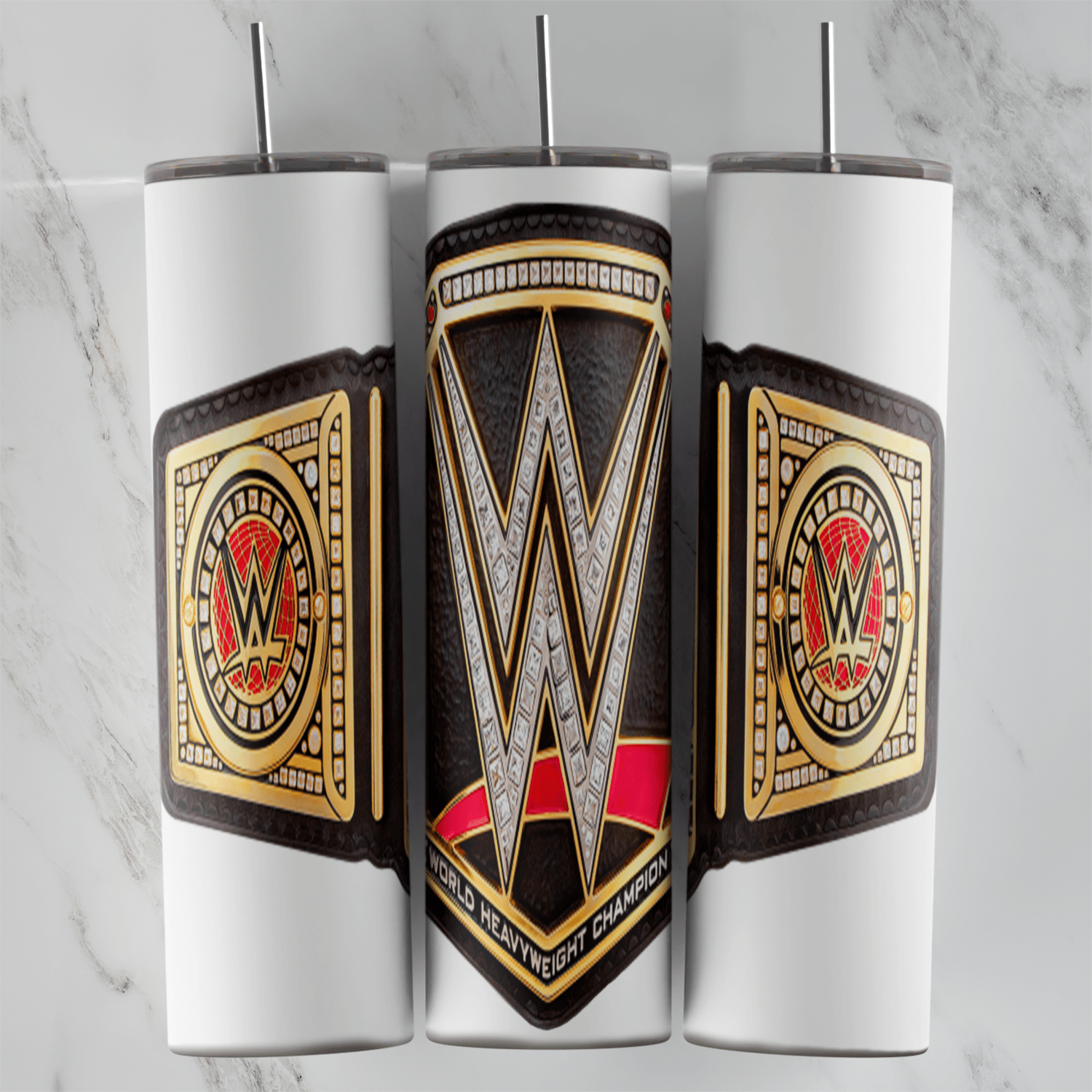 A WWE tumbler wrap with the championship belt, the W logo plate with gold trim and side plates, wrapped around a white background. Sublimation design