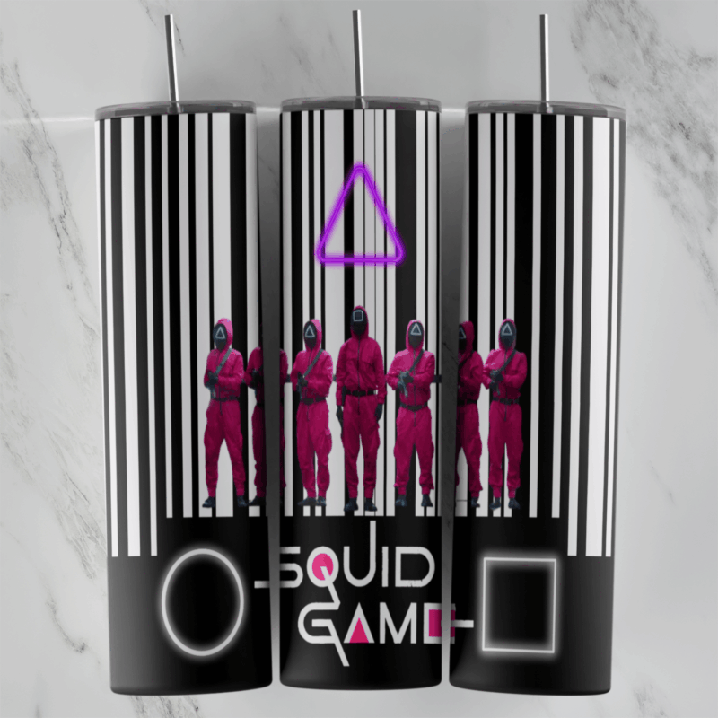 A Squid Game tumbler wrap with black and white barcode stripes, pink suited guards, a neon purple triangle and the circle. Sublimation design