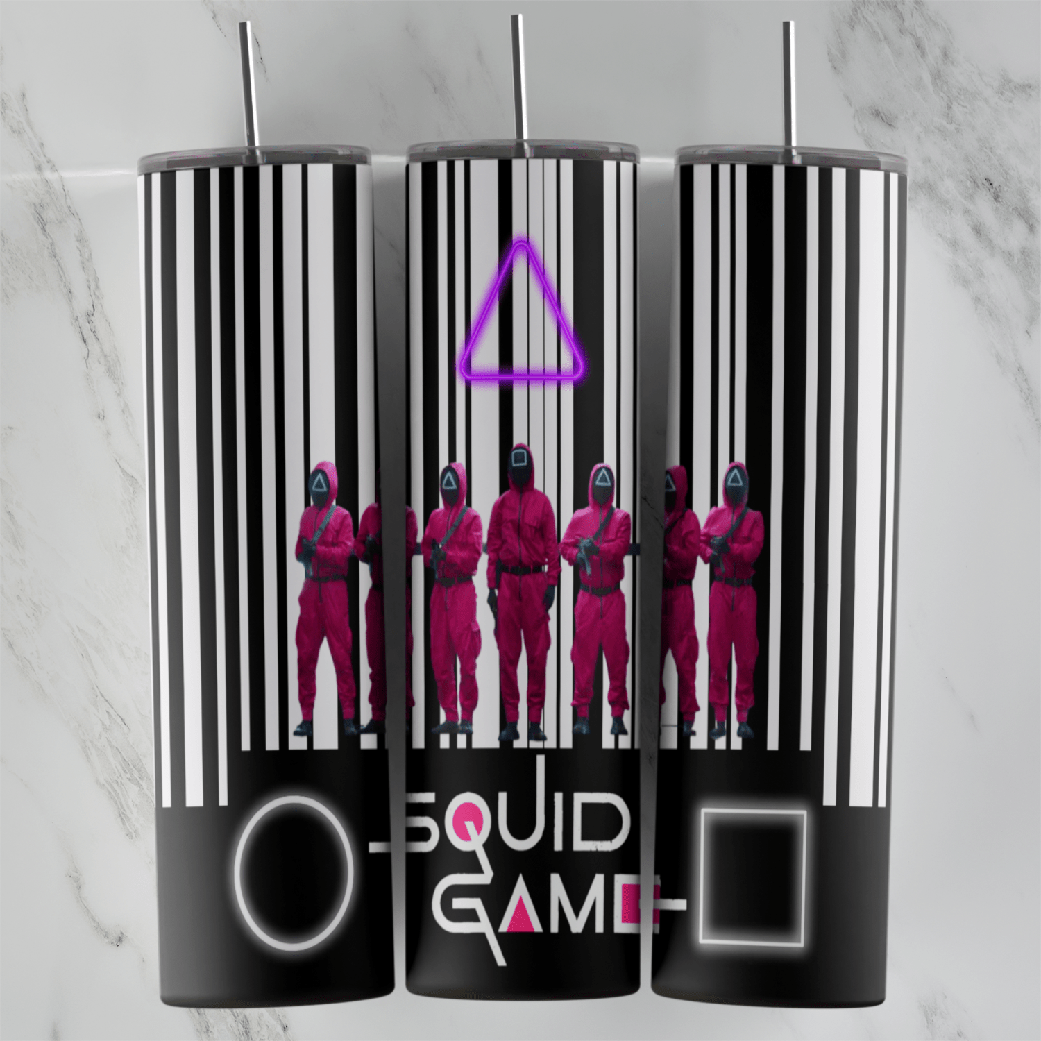 A Squid Game tumbler wrap with black and white barcode stripes, pink suited guards, a neon purple triangle and the circle. Sublimation design