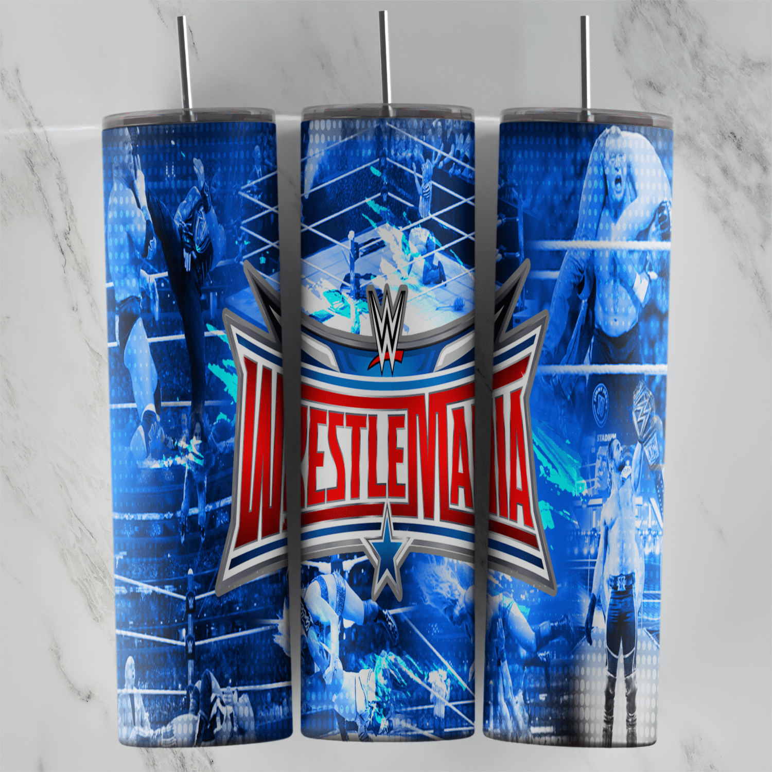 A WWE tumbler wrap with the WrestleMania logo in red and white over a blue montage of wrestlers and the ring. Sublimation design