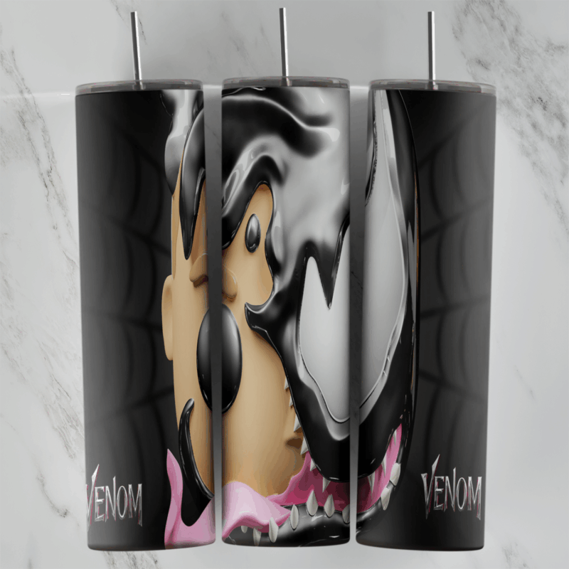 A Venom tumbler wrap with a cartoon mouse face half taken over by the black and white Venom symbiote with teeth and a pink. Sublimation design