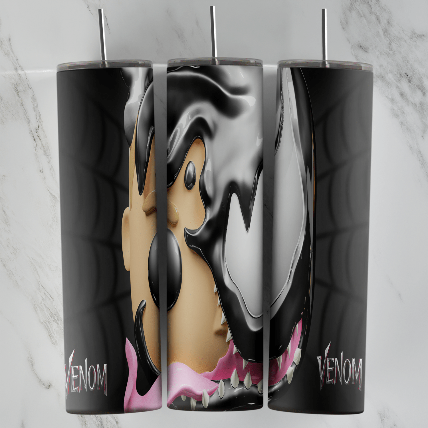 A Venom tumbler wrap with a cartoon mouse face half taken over by the black and white Venom symbiote with teeth and a pink. Sublimation design