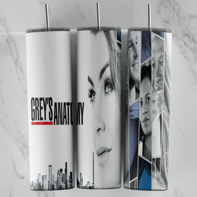 A Grey’s Anatomy tumbler wrap in black and white: Meredith’s portrait, cast photos, the Grey’s Anatomy title and a city skyline. Sublimation design