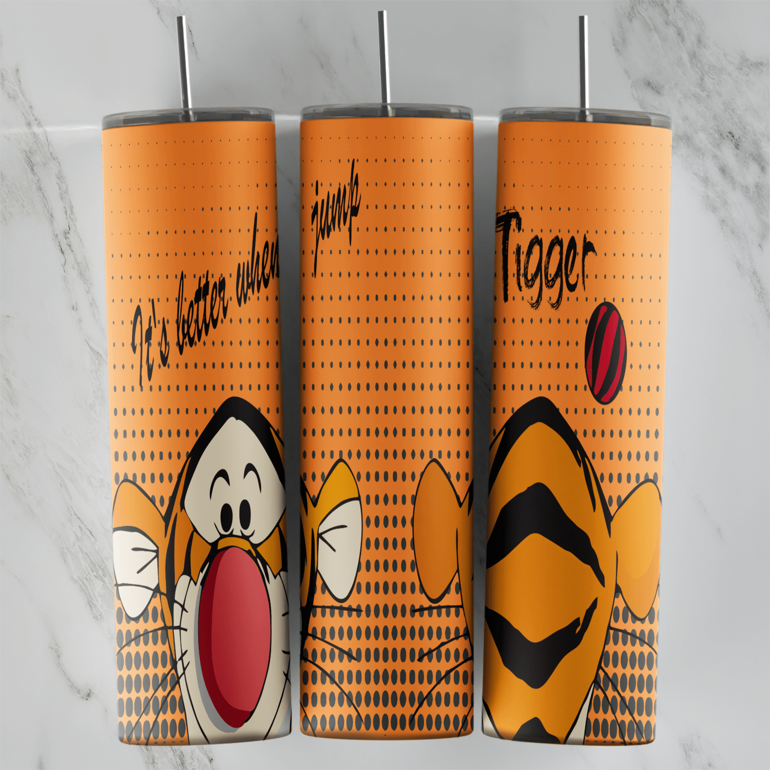 A full 20 oz skinny tumbler wrap in orange halftone with Tigger peeking up from the bottom, his striped tail, Tigger lettering. Sublimation design