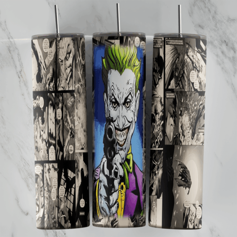 A Joker tumbler wrap with black and white comic book panels around a full color Joker grinning and pointing a gun in his purple. Sublimation design