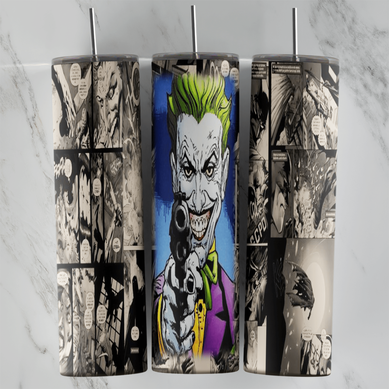 A Joker tumbler wrap with black and white comic book panels around a full color Joker grinning and pointing a gun in his purple. Sublimation design