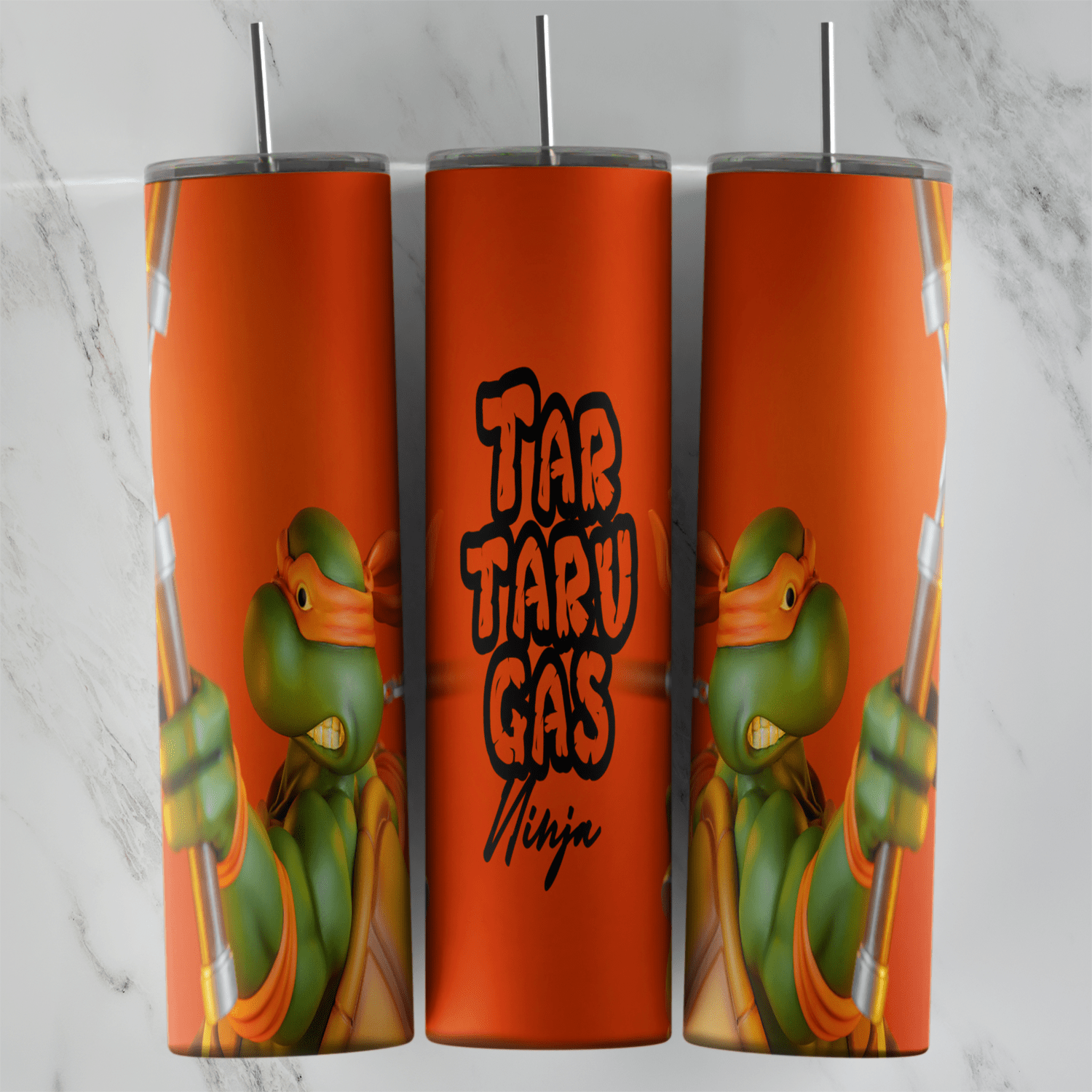 A 20 oz skinny tumbler wrap in orange with a Ninja Turtle in an orange mask peeking from both sides and the words Tartarugas. Sublimation design