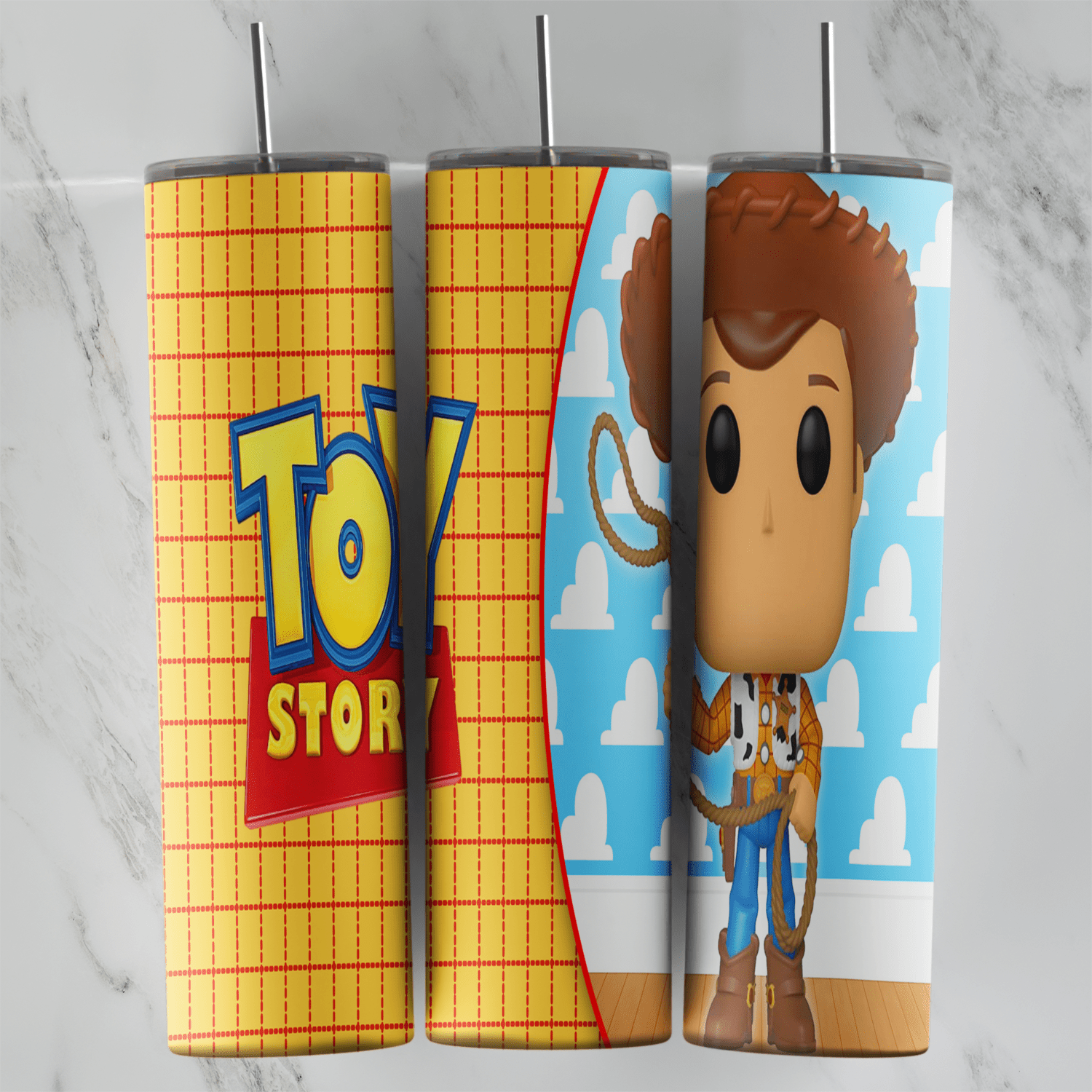 A 20 oz skinny tumbler wrap pairing a yellow plaid panel and Toy Story logo with a big-headed Woody figure on the blue cloud. Sublimation design