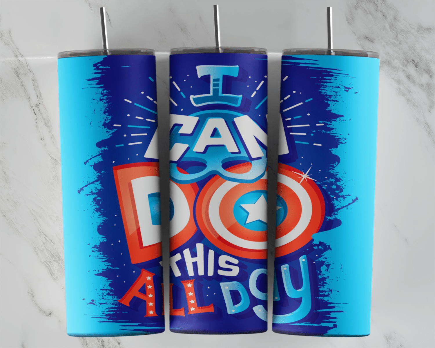 A 20 oz skinny tumbler wrap with I Can Do This All Day lettering in red, white and blue, the O as a shield, on a blue brush. Sublimation design