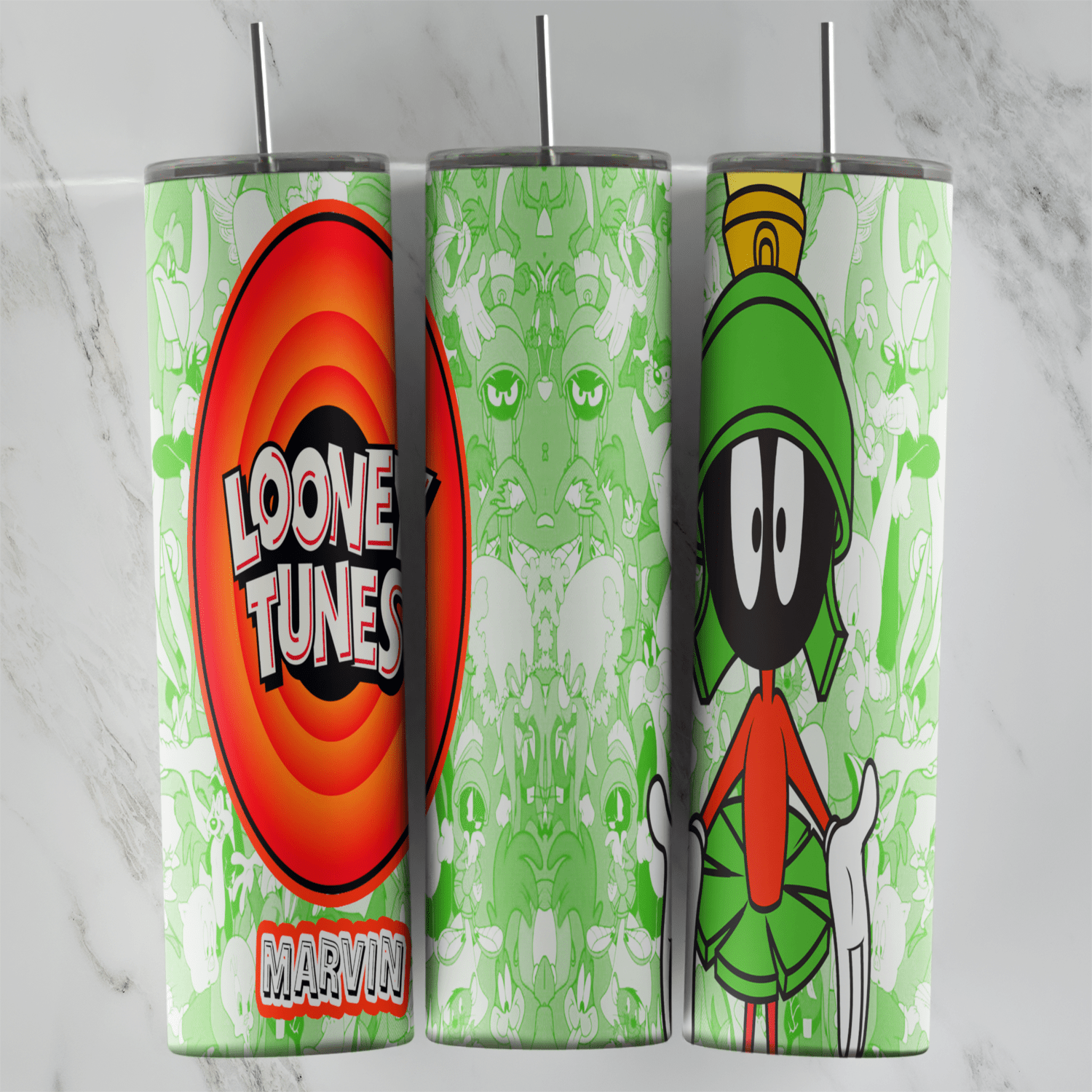 A full 20 oz skinny tumbler wrap in green with the red Looney Tunes logo and Marvin lettering on one side and Marvin the Martian. Sublimation design