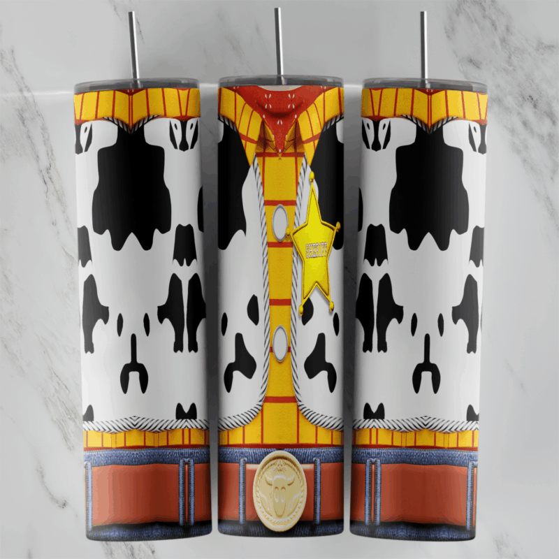 A 20 oz skinny tumbler wrap styled as Woody’s outfit: the cow print vest, yellow plaid shirt, sheriff star badge, belt buckle. Sublimation design
