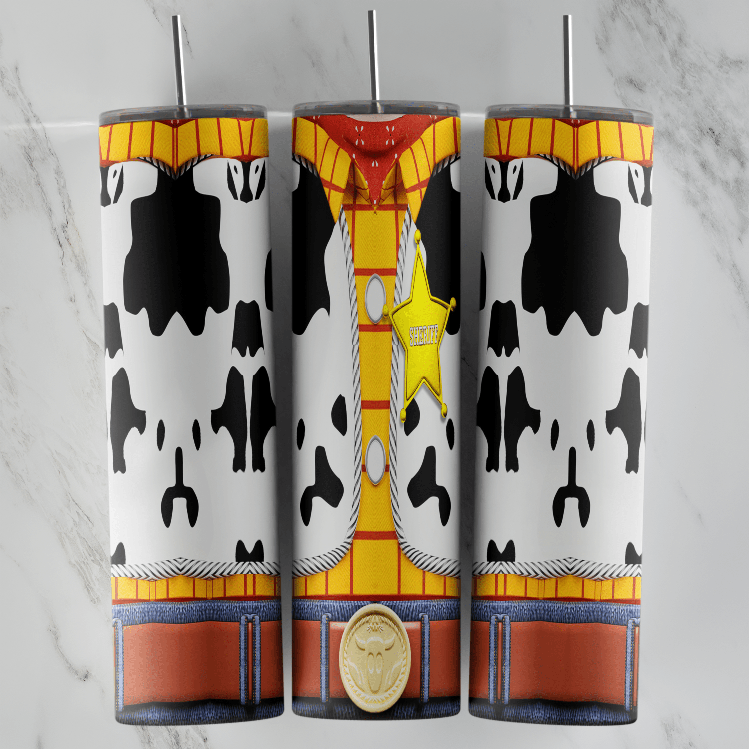 A 20 oz skinny tumbler wrap styled as Woody’s outfit: the cow print vest, yellow plaid shirt, sheriff star badge, belt buckle. Sublimation design