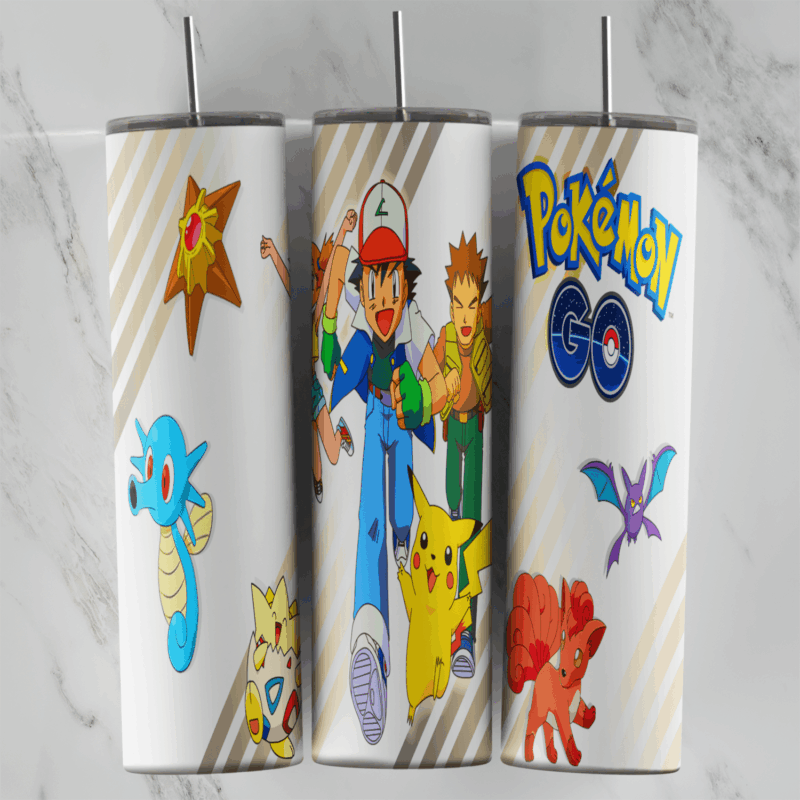 A 20 oz skinny tumbler wrap on a white background: Ash and Brock with Pikachu, the Pokemon Go logo, Staryu, Horsea, Zubat, Vulpix. Sublimation design