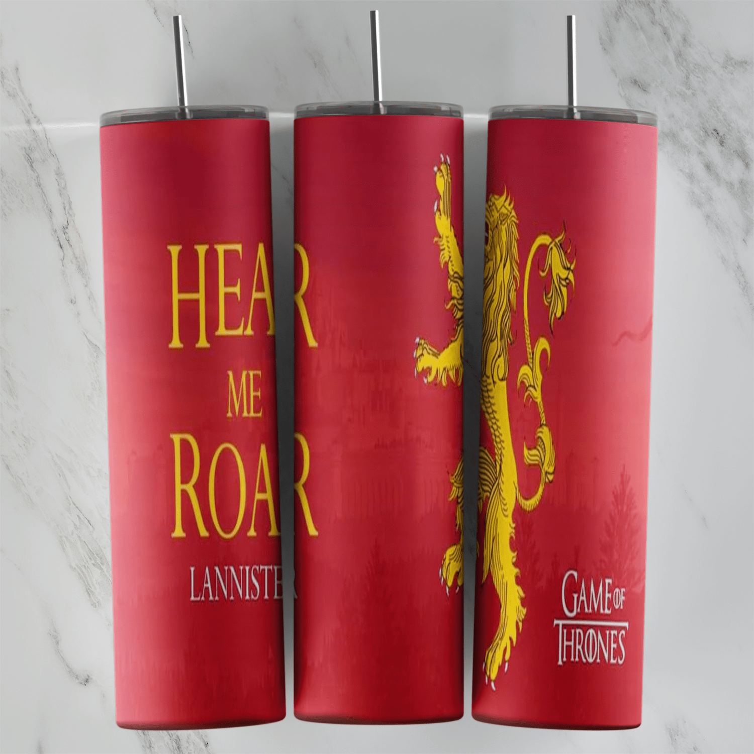 A 20 oz skinny tumbler wrap in red for House Lannister: Hear Me Roar lettering in gold, a golden lion sigil and a small Game. Sublimation design