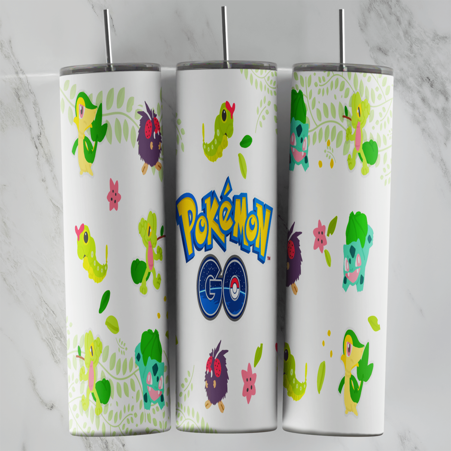 A 20 oz skinny tumbler wrap on white with the Pokemon Go logo and a repeating pattern of small Pokemon such as Bulbasaur. Sublimation design