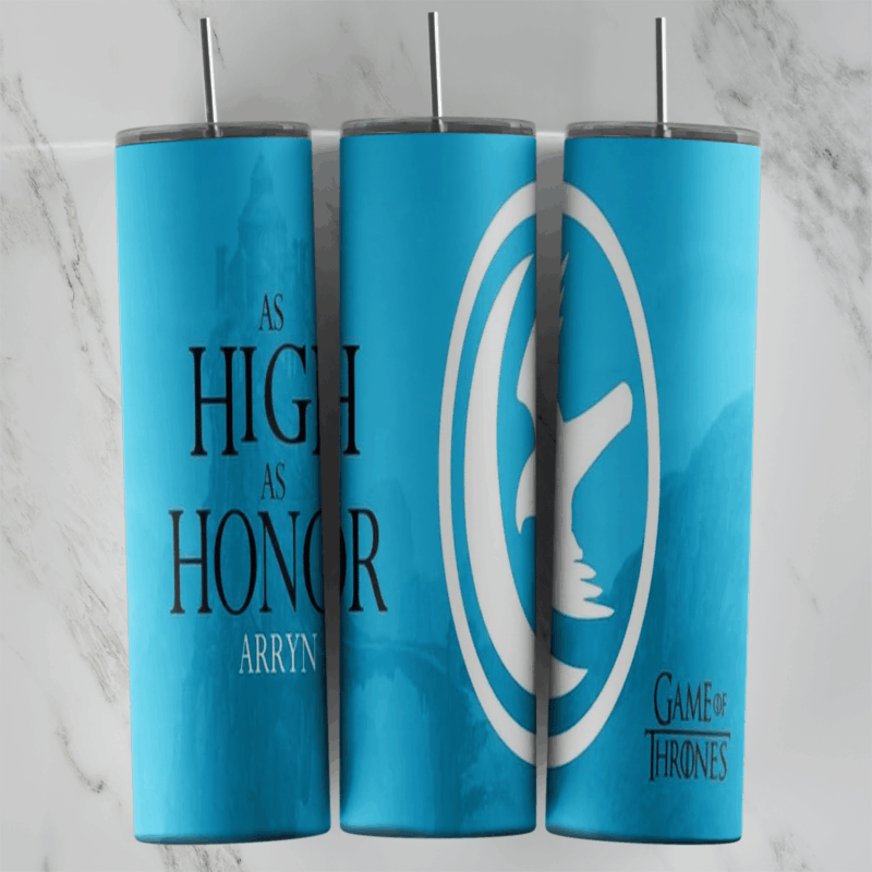 A 20 oz skinny tumbler wrap in sky blue for House Arryn: As High As Honor lettering, a white falcon and moon sigil and a small. Sublimation design
