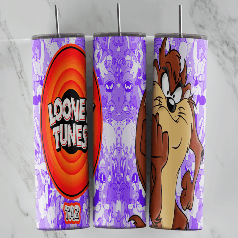 A full 20 oz skinny tumbler wrap with Taz the Tasmanian Devil and the Looney Tunes logo on a purple and white patterned background. Sublimation design
