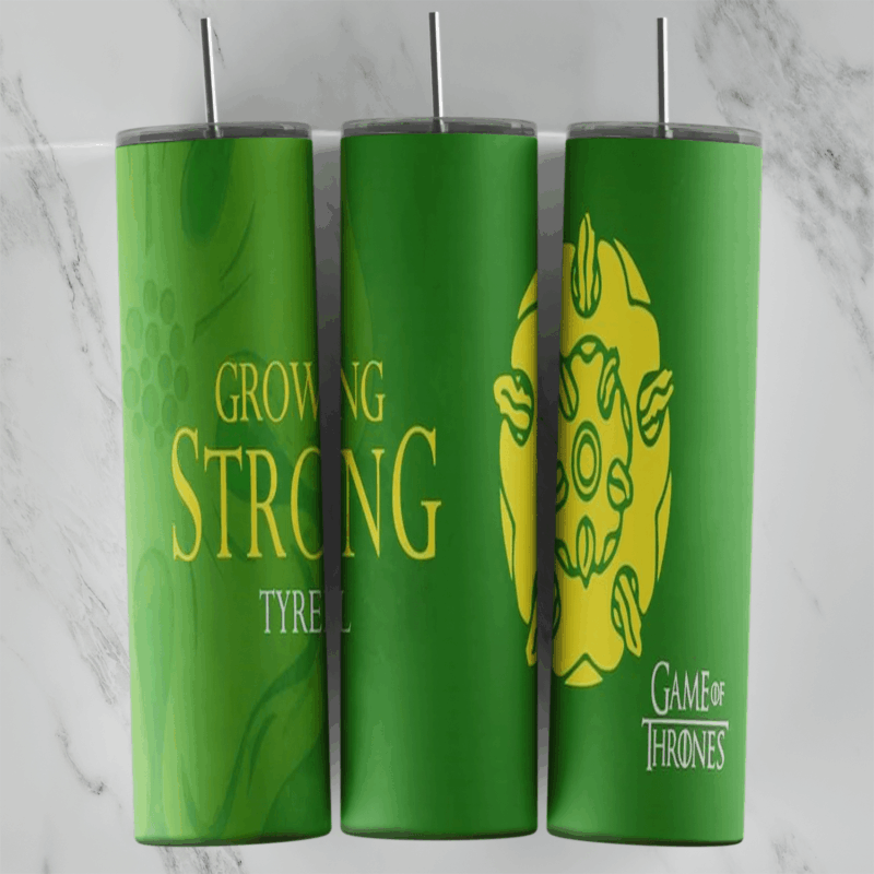 A 20 oz skinny tumbler wrap in green for House Tyrell: Growing Strong lettering in yellow, a golden rose sigil and a small Game. Sublimation design