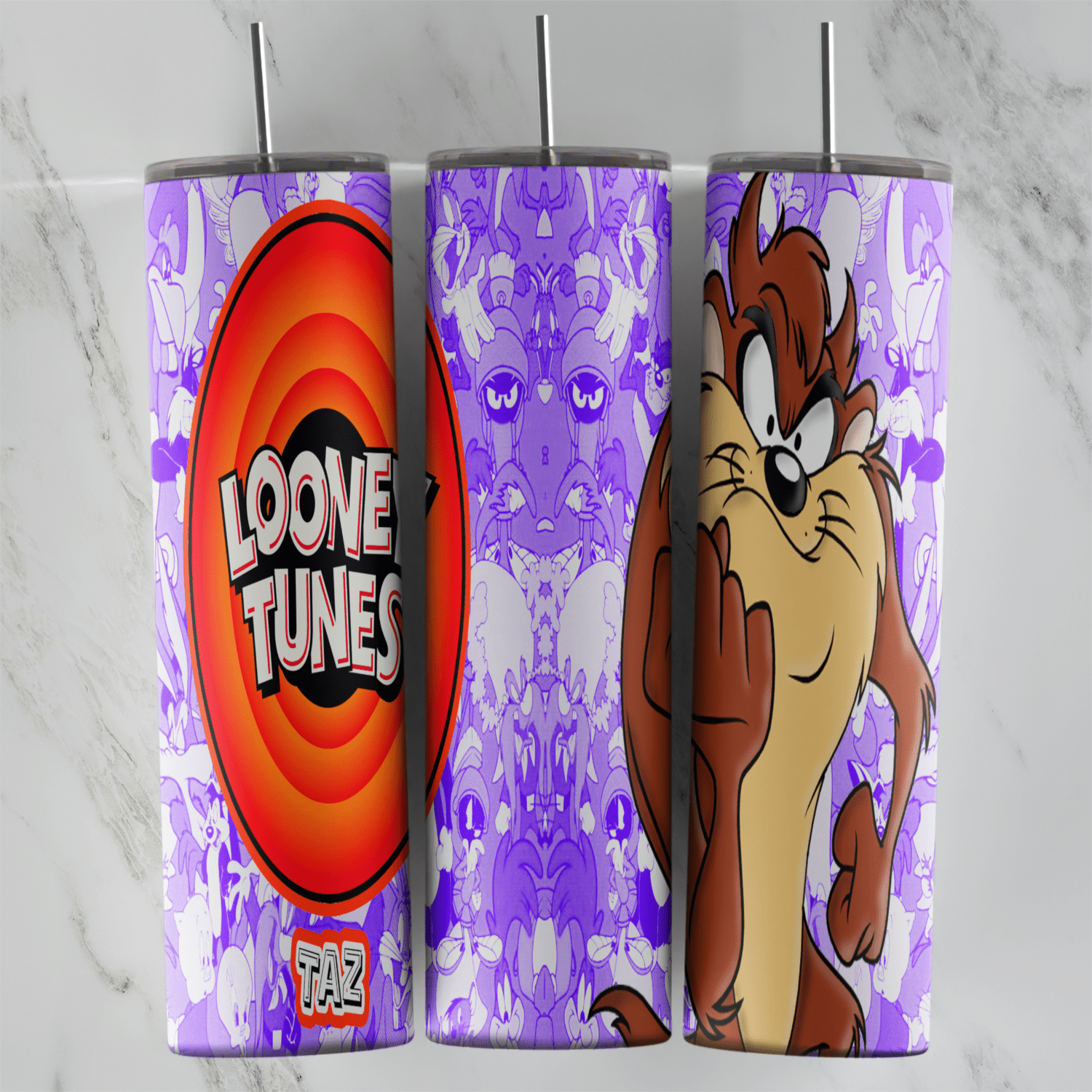 A full 20 oz skinny tumbler wrap with Taz the Tasmanian Devil and the Looney Tunes logo on a purple and white patterned background. Sublimation design