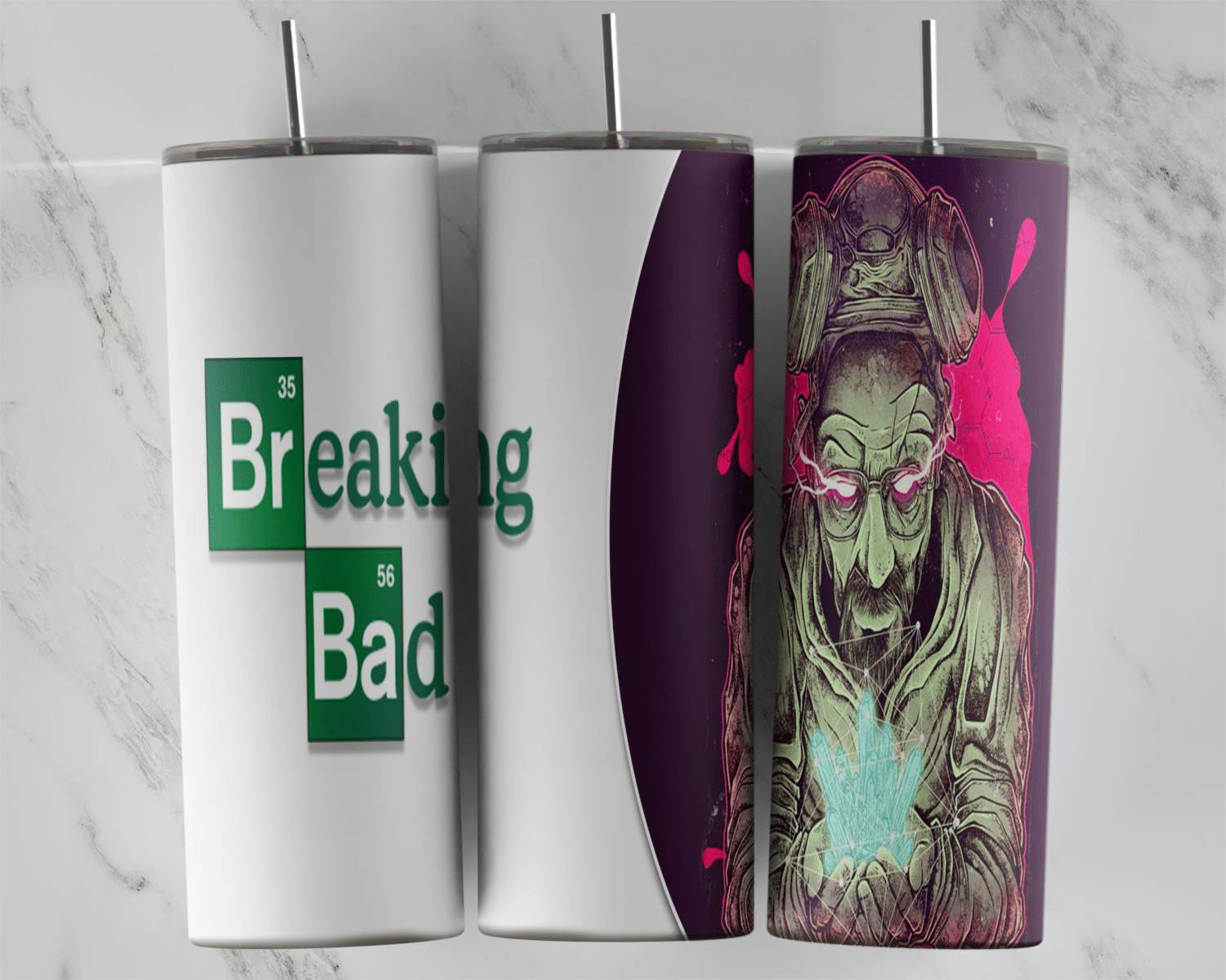 A white 20 oz tumbler wrap with the Breaking Bad logo and a dark purple panel with a neon green and pink illustration of Walter. Sublimation design