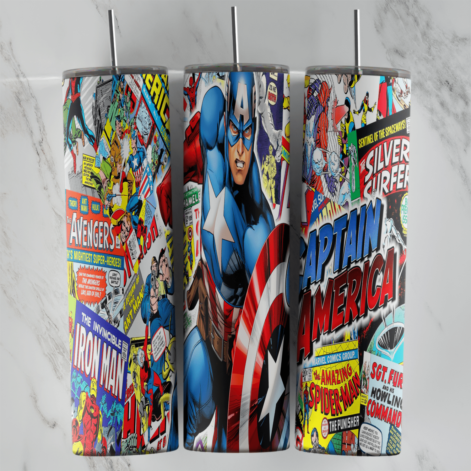 A 20 oz skinny tumbler wrap with Captain America and his shield over vintage comic covers, including Avengers, Iron Man, Silver. Sublimation design
