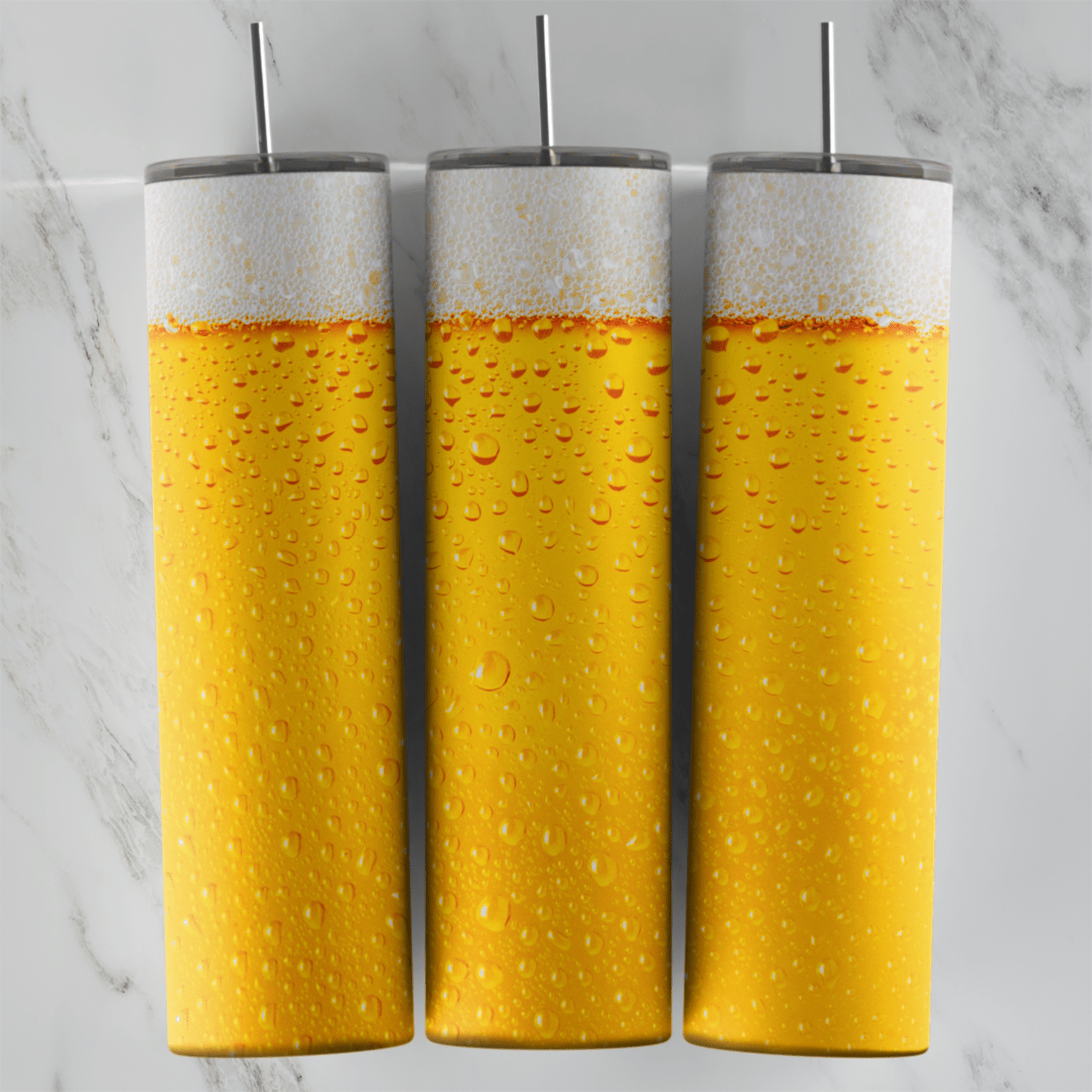 A 20 oz skinny tumbler wrap styled as a cold glass of beer: golden amber color, a thick white foam top and condensation drops. Sublimation design