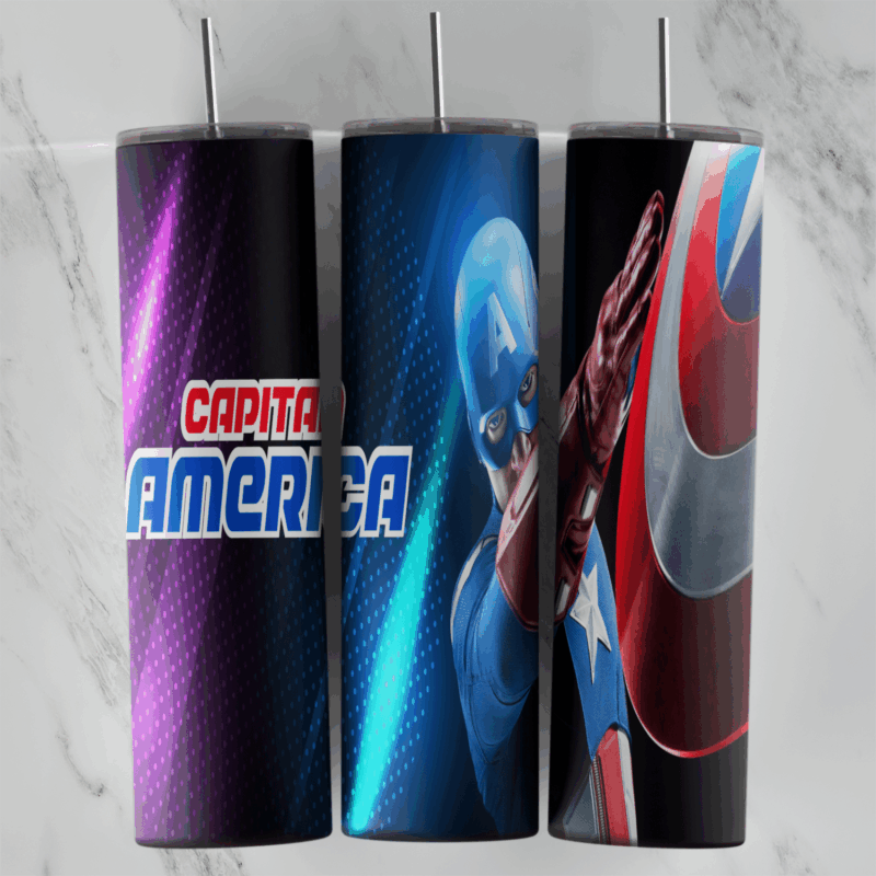 A 20 oz skinny tumbler wrap with Captain America lettering and Captain America holding his shield on a purple, blue and red. Sublimation design