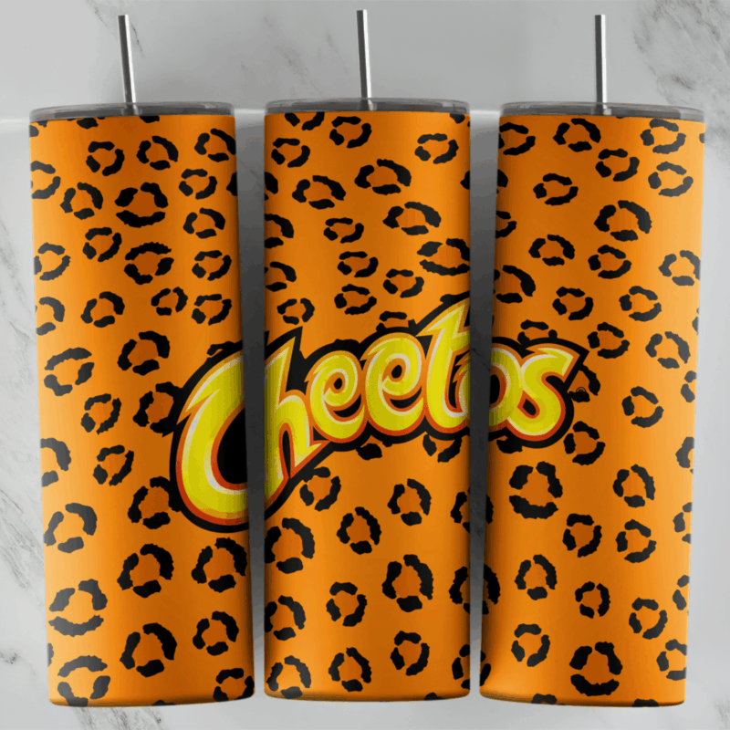 A 20 oz skinny tumbler wrap with the Cheetos logo in yellow and red lettering over an orange leopard print pattern of black spots. Sublimation design