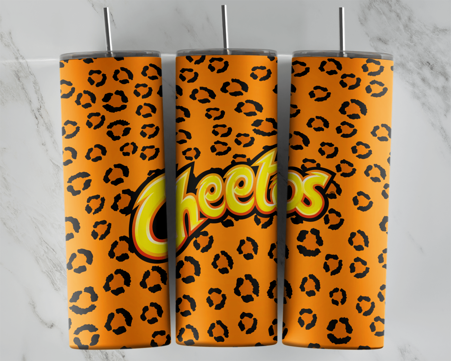 A 20 oz skinny tumbler wrap with the Cheetos logo in yellow and red lettering over an orange leopard print pattern of black spots. Sublimation design