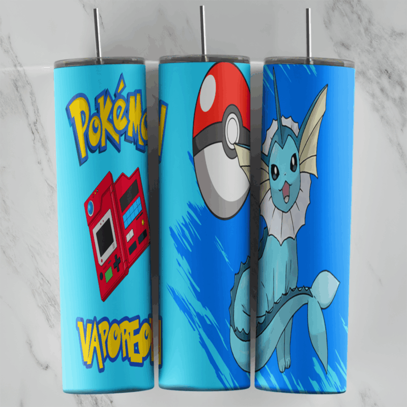 A 20 oz skinny tumbler wrap on bright blue: Vaporeon, a Poke Ball, a red Pokedex, the Pokemon logo and the name Vaporeon. Sublimation design