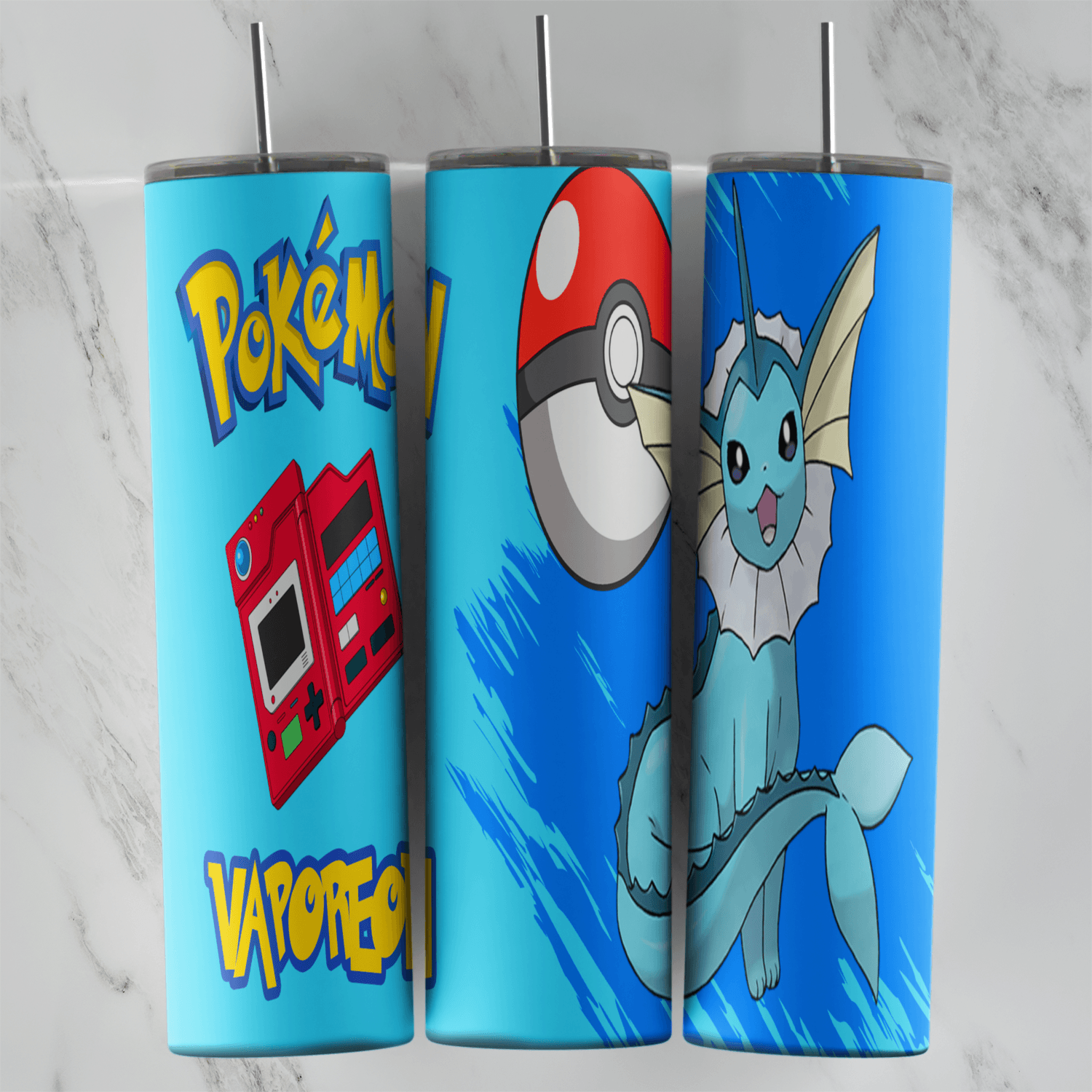 A 20 oz skinny tumbler wrap on bright blue: Vaporeon, a Poke Ball, a red Pokedex, the Pokemon logo and the name Vaporeon. Sublimation design