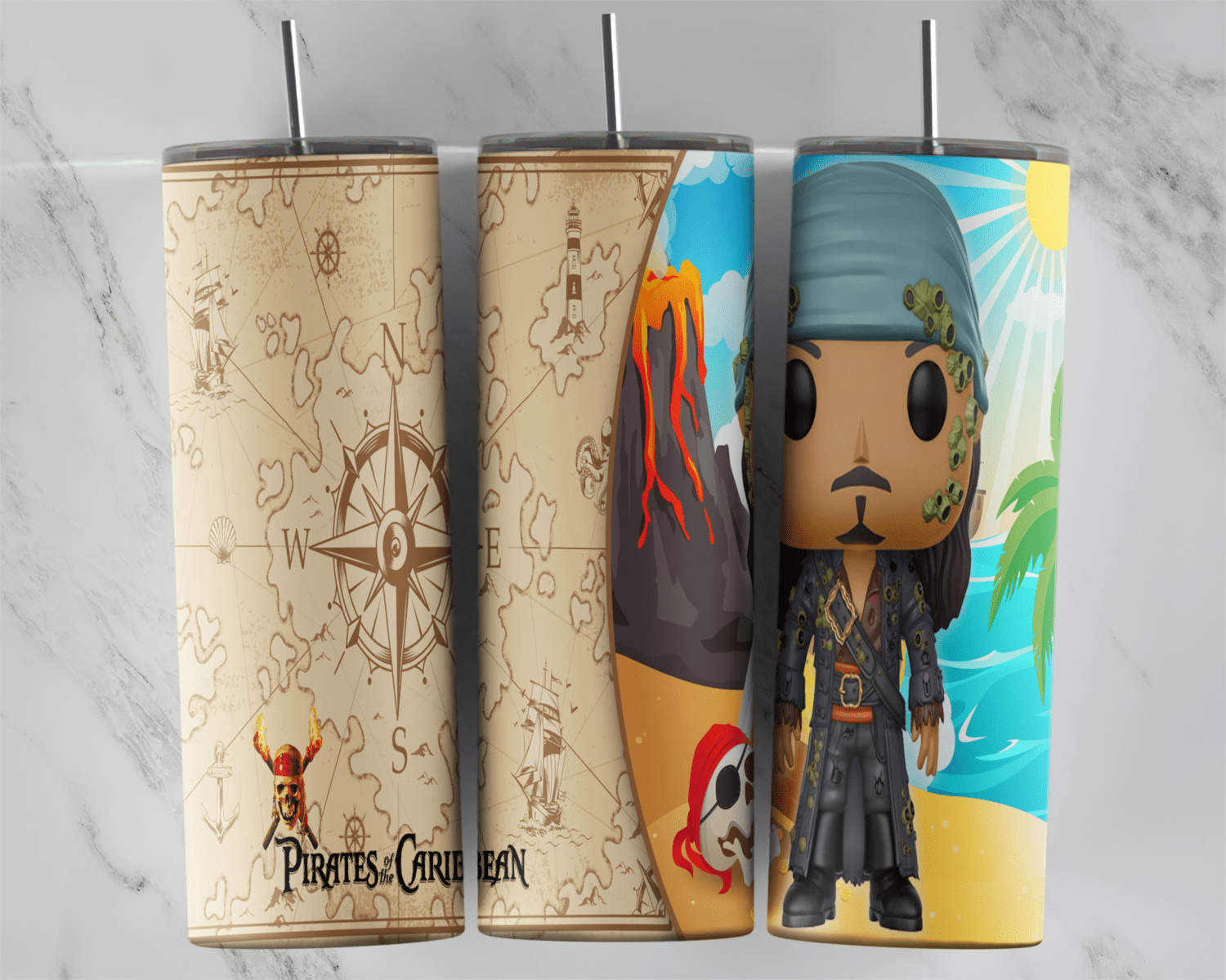 A Pirates of the Caribbean tumbler wrap: an old treasure map background with a compass rose and the Pirates of the Caribbean. Sublimation design