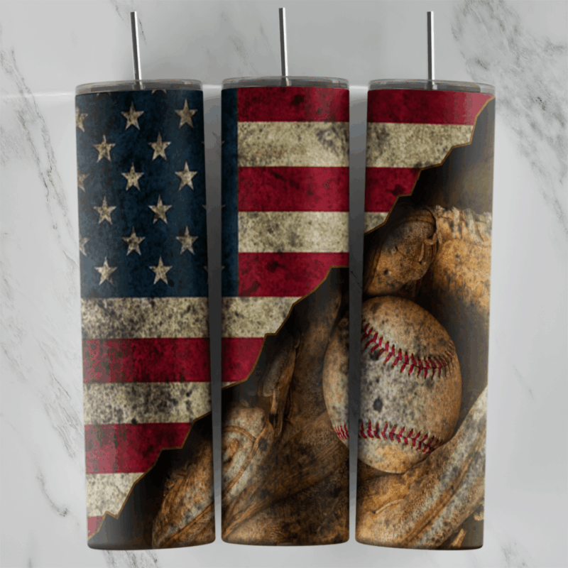 A 20 oz skinny tumbler wrap with a distressed American flag torn open to reveal worn baseballs resting in a leather glove. Sublimation design