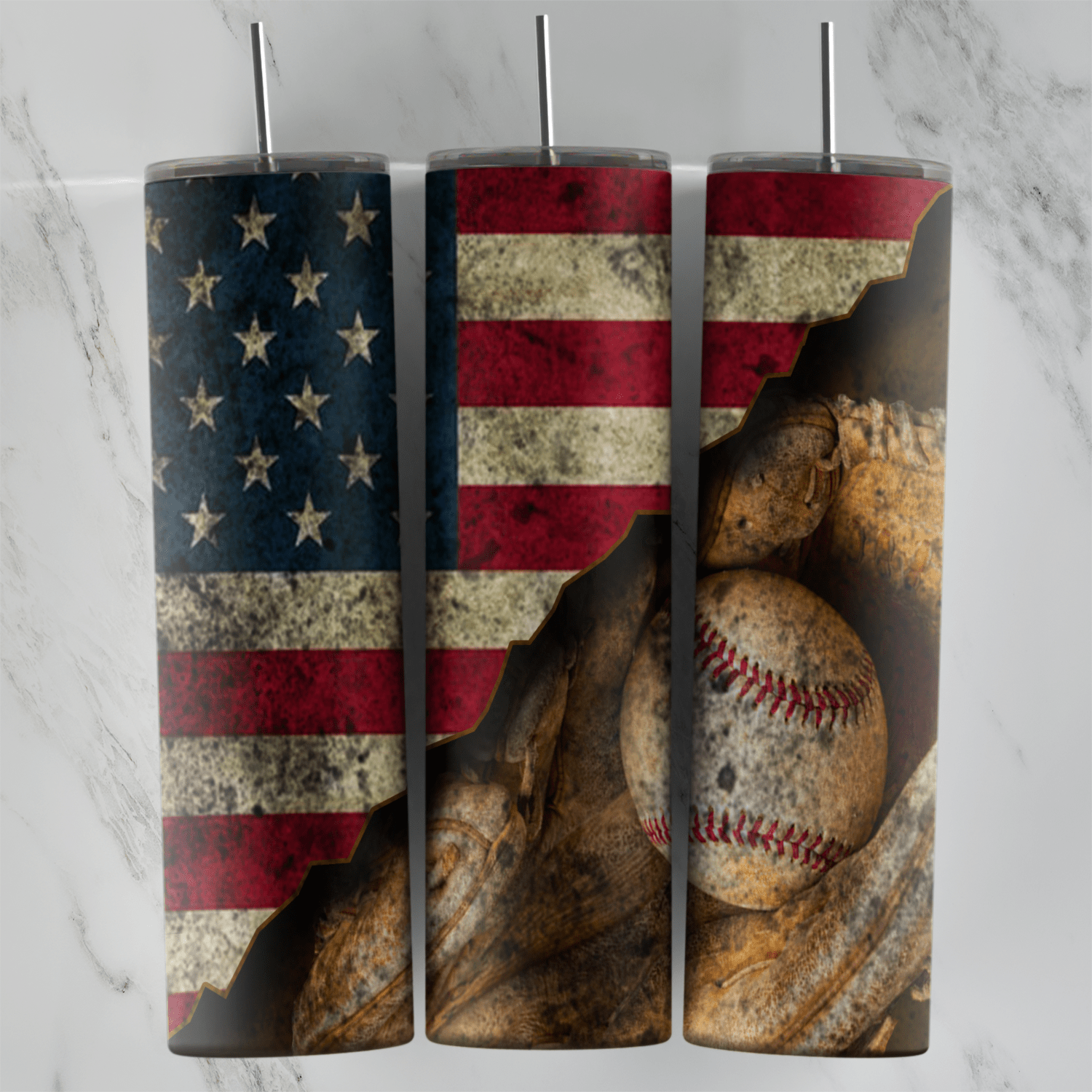 A 20 oz skinny tumbler wrap with a distressed American flag torn open to reveal worn baseballs resting in a leather glove. Sublimation design