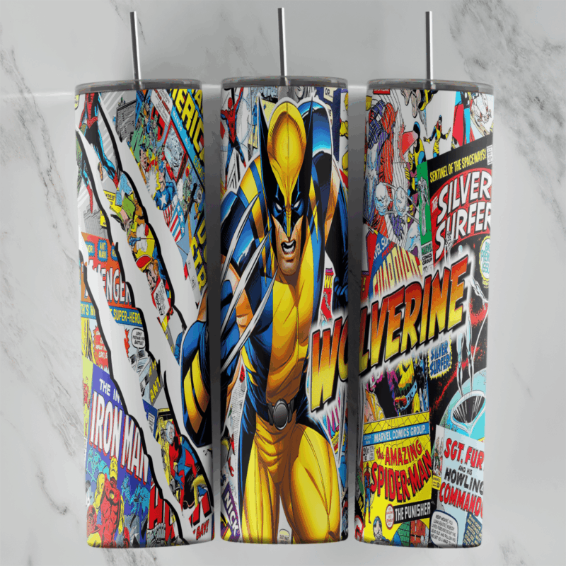 A 20 oz skinny tumbler wrap with Wolverine in his yellow suit over a collage of vintage Marvel comic covers, including Wolverine. Sublimation design