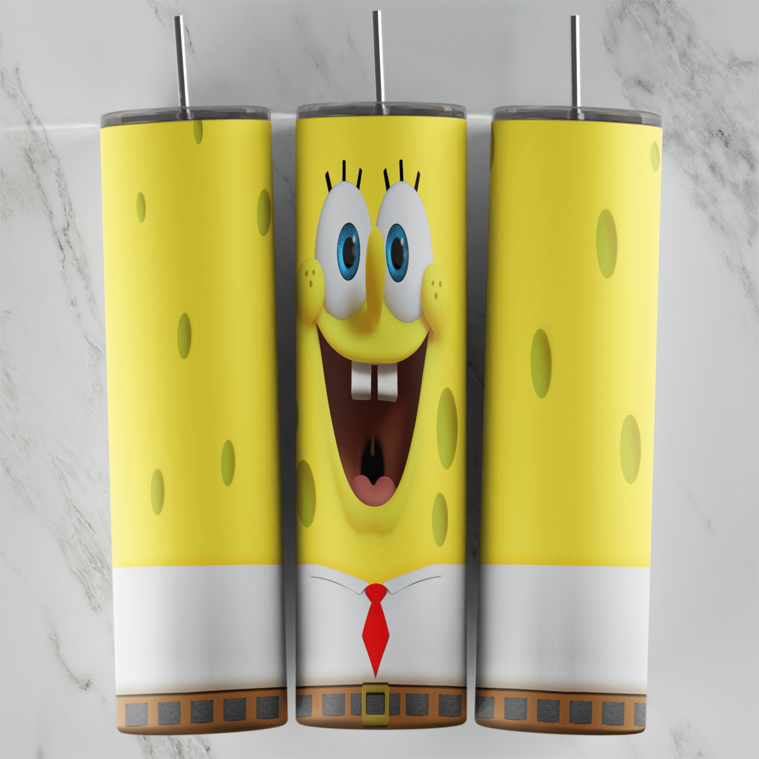 A SpongeBob tumbler wrap with his laughing face on yellow sponge texture above a white shirt collar, a red tie and his brown belt. Sublimation design