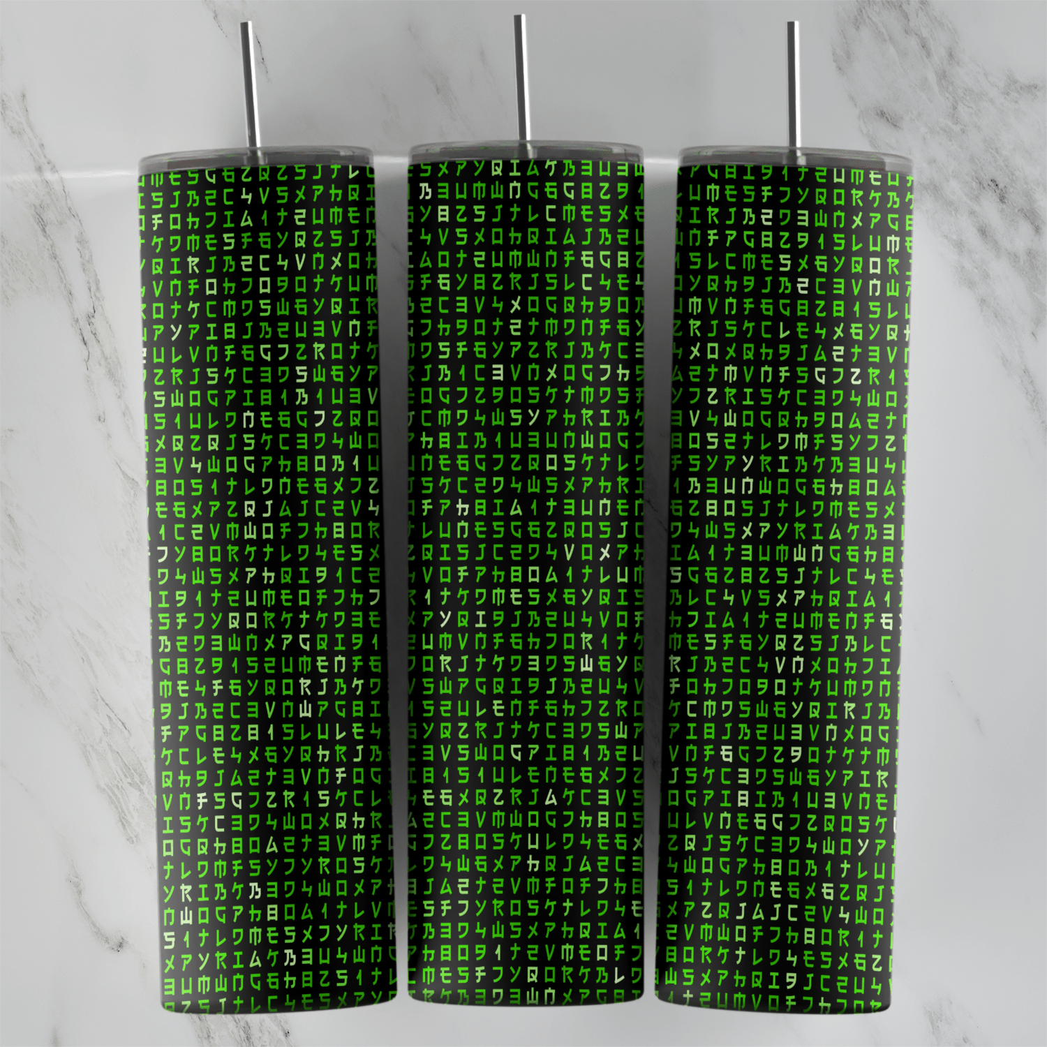 A full 20 oz skinny tumbler wrap covered edge to edge in green Matrix digital rain code: rows of glowing green characters. Sublimation design